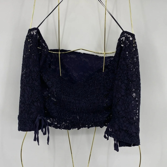 Zara Crop Top Womens‎ Size Small Navy Blue Lace Floral Smocked Square Neckline - Picture 3 of 8